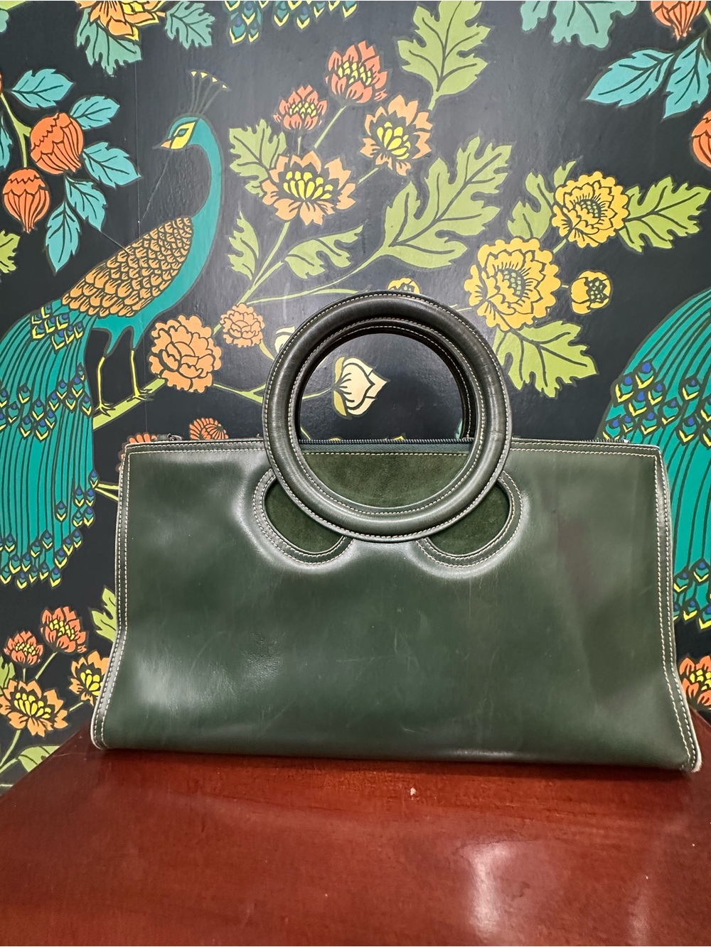 Vintage 1980s Bally Green Suede & Leather Circle Handle Bag - Picture 4 of 12